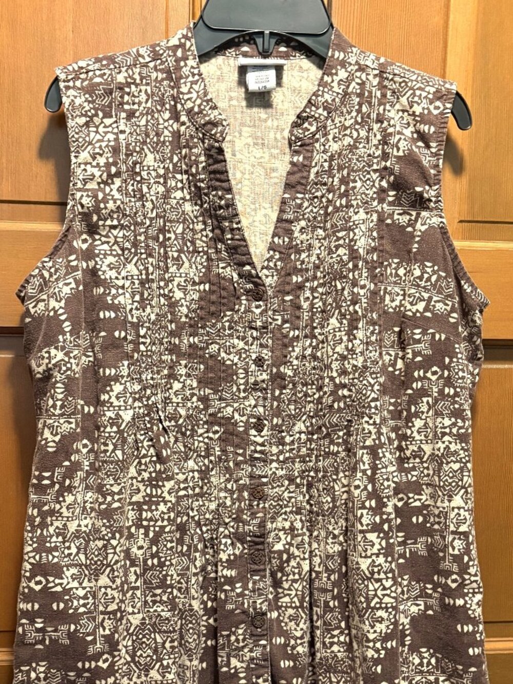 Jaclyn Smith Blouse Brown/tan Geometric Linen Blend Sleeveless Pintuck Top sz L
